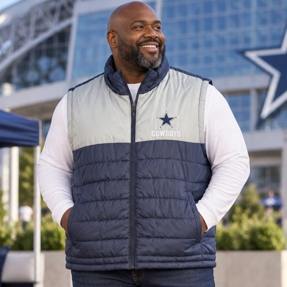 NFL Dallas Cowboys Mens Puffer Vest Navy Blue Silver Quilted Full Zip 3XL